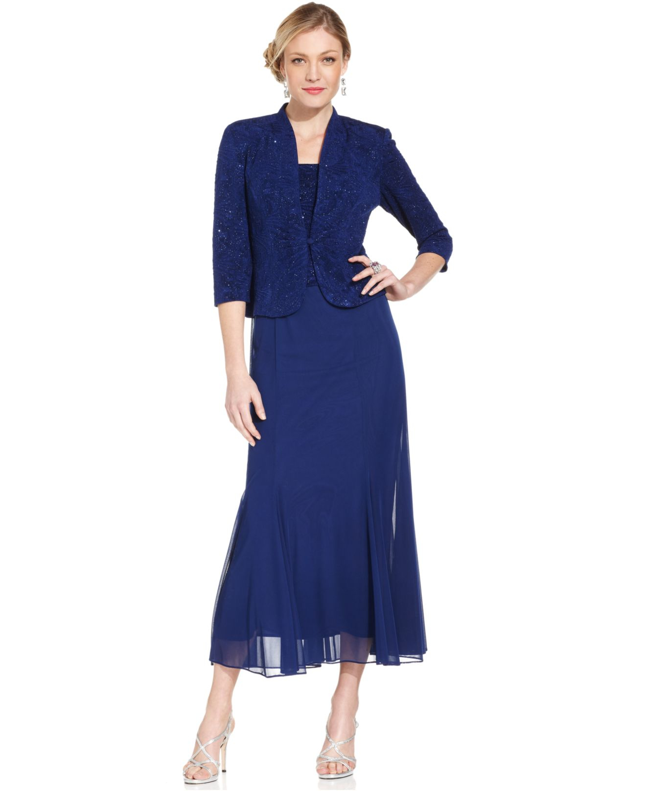 Alex evenings Petite Dress And Jacket, Sleeveless Glitter Gown in Blue
